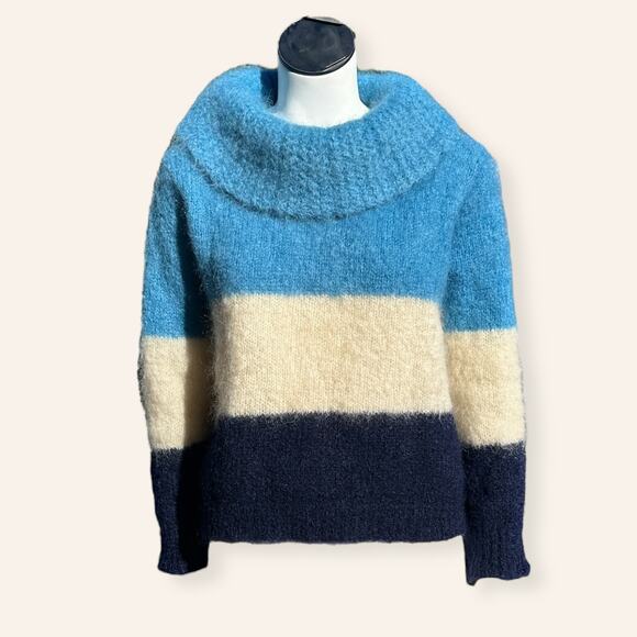 1960s Mohair Color Block Pullover | Blue White | Small | Exaggerated Turtleneck - Picture 1 of 5